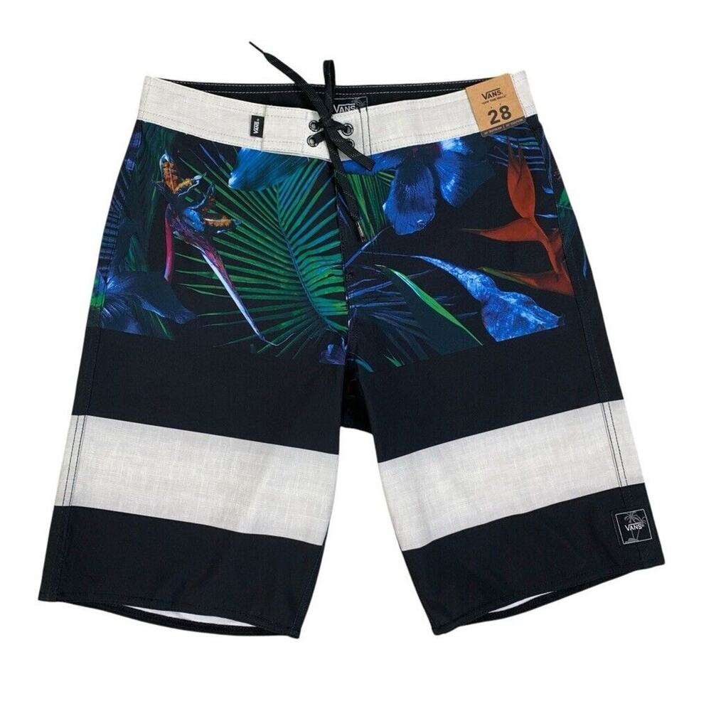 Vans Board Shorts Mens 28 Black Paradise Jungle Floral Print Stripes Swim Surf